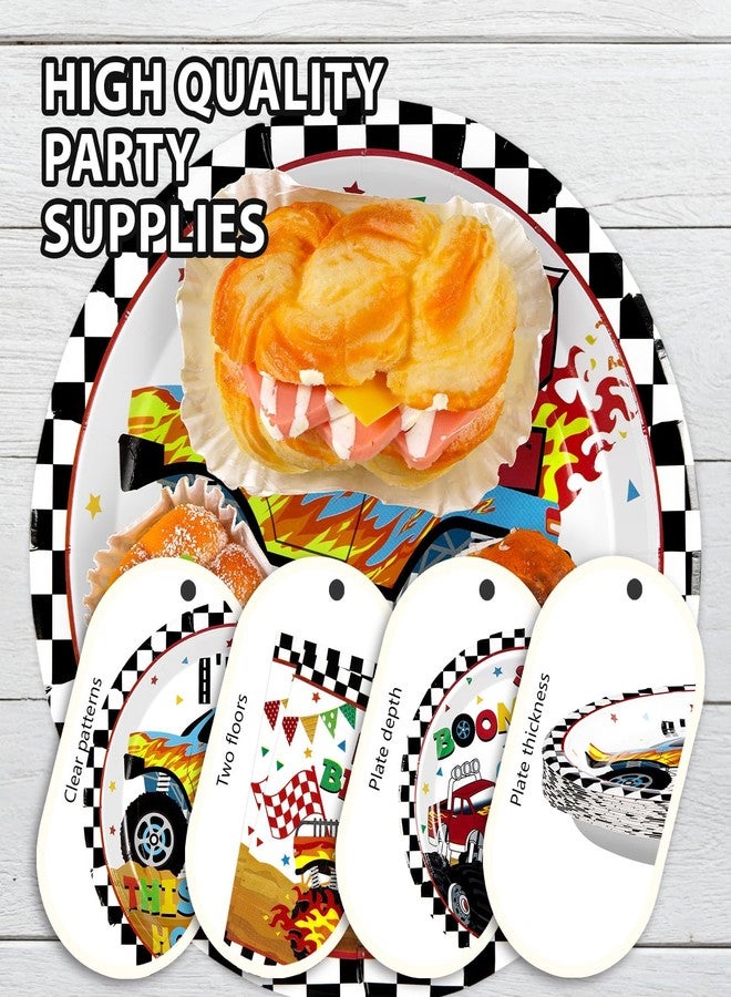 Grencian 96 Pcs Monster Cartoon Truck 2nd Birthday Party Supplies I’m 2 Truck Plates Checkered Tableware Set Racing Car Decorations for Two Year Old Kids Boys Truck Theme Party Serves 24 - Image 4